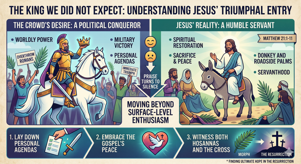 An infographic titled The King We Did Not Expect: Understanding Jesus’ Triumphal Entry. The graphic is divided into sections comparing human expectations with spiritual reality. On the left, titled The Crowd’s Desire: A Political Conqueror, a warrior is shown on a white horse with a crown and sword. Bullet points include Worldly Power, Military Victory, and Personal Agendas. On the right, titled Jesus’ Reality: A Humble Servant, Jesus is shown riding a donkey while people lay down cloaks. Bullet points include Spiritual Restoration, Sacrifice and Peace, and Servanthood. A center arrow notes that praise turns to silence and encourages moving beyond surface level enthusiasm. The bottom displays three numbered steps: 1. Lay down personal agendas. 2. Embrace the gospel’s peace. 3. Witness both hosannas and the cross. An icon of palm branches transitions into three crosses representing the resurrection.