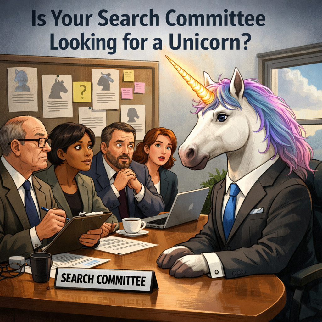 “Search committee interviewing a unicorn in a business suit, symbolizing unrealistic expectations in leadership selection.”  