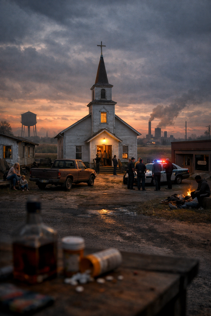 A small rural church stands at the center of a fading town at sunset, surrounded by scenes of hidden social crises — a distressed mother and child near a rundown trailer, police speaking with a man outside a closed storefront, and a homeless individual near a makeshift camp — symbolizing the quiet but heavy burdens many rural communities carry.