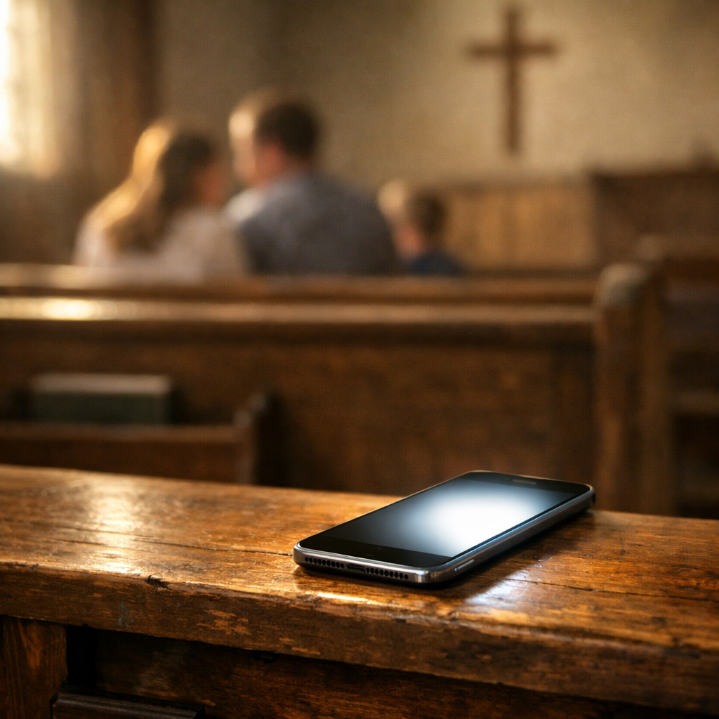 “A glowing smartphone rests on a rustic wooden church pew in warm rural light, symbolizing the quiet tension between modern technology and traditional Christian family life.”  